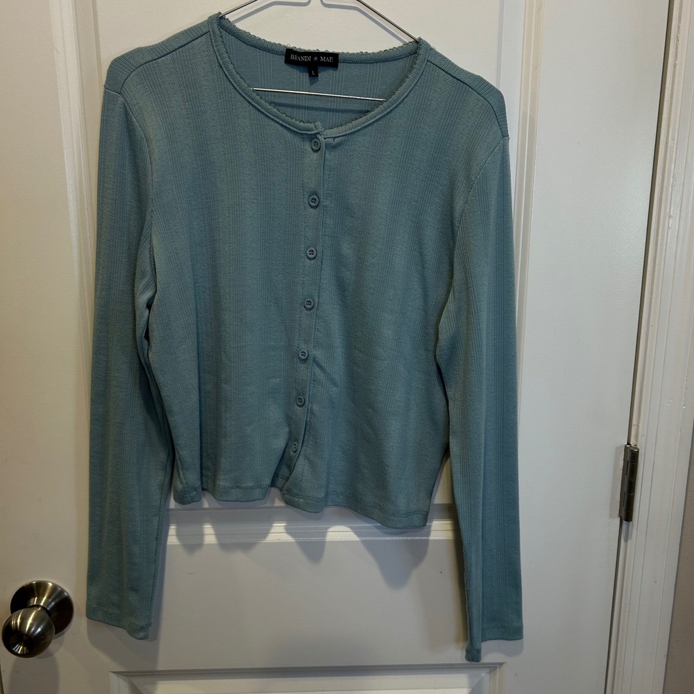 Brandi Mae Women Pointelle Rib Knit Button Front Cardigan Blue L